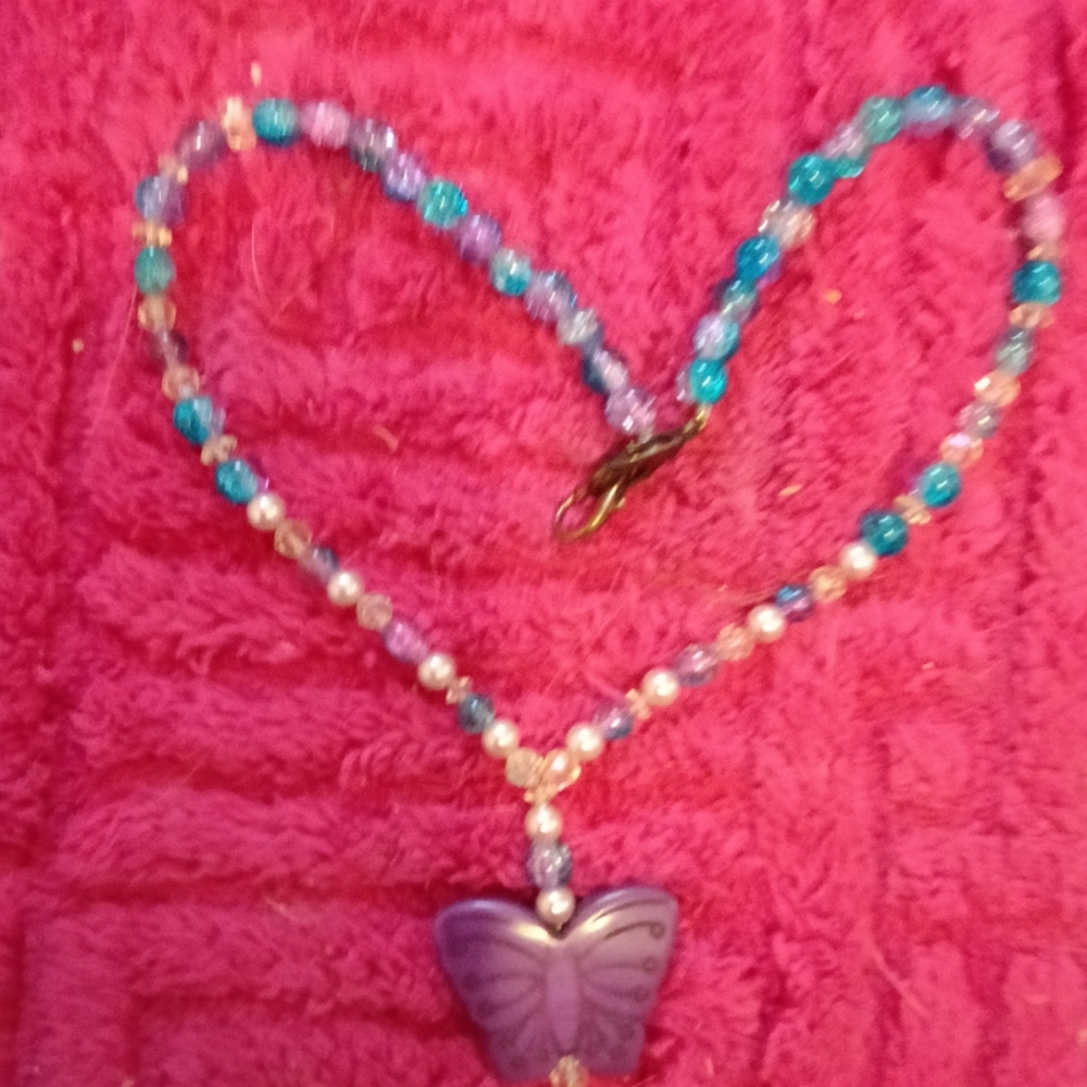 Blue and Purple Beaded Butterfly Necklace